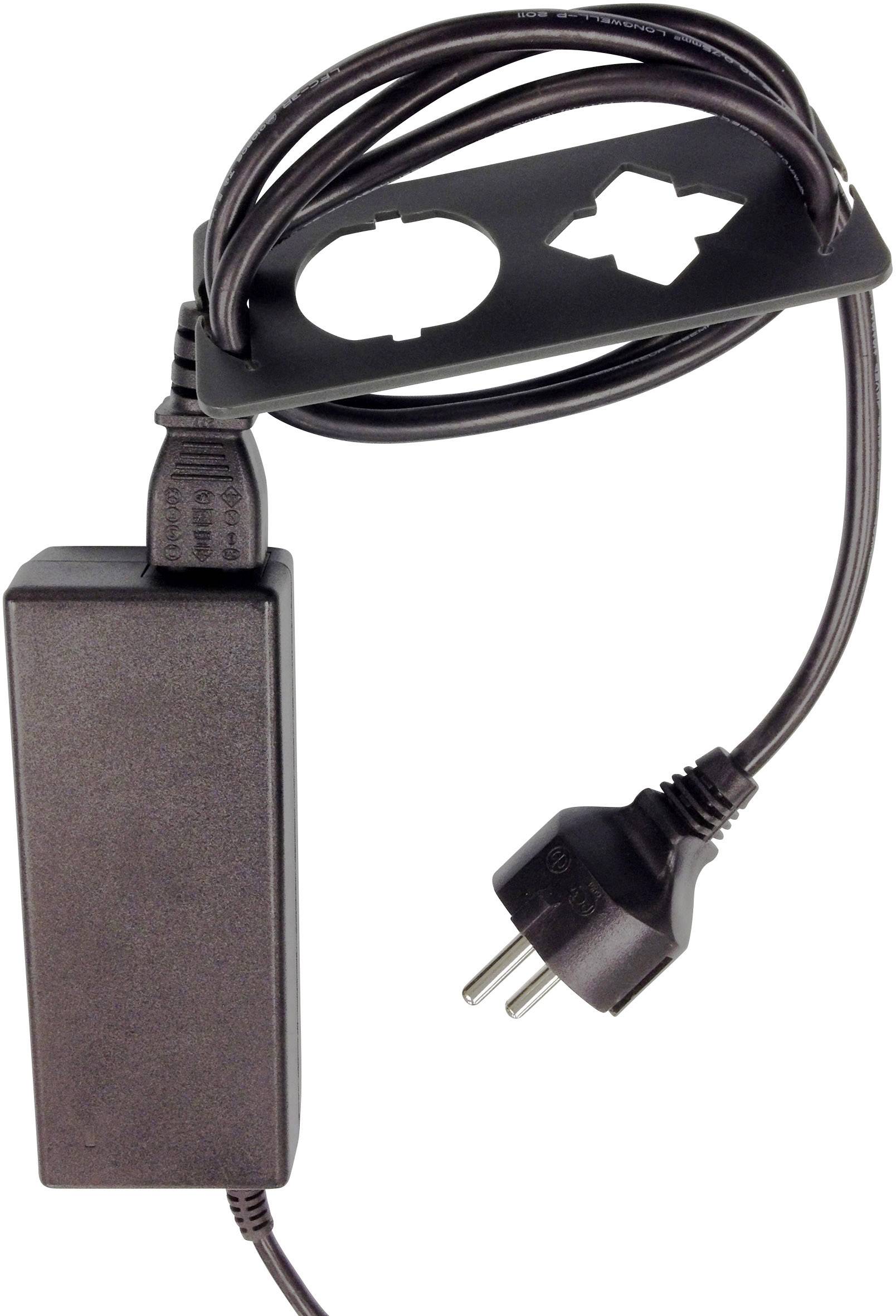 A black power supply with cable and European plug. The cable is coiled and threaded through a plastic bracket.