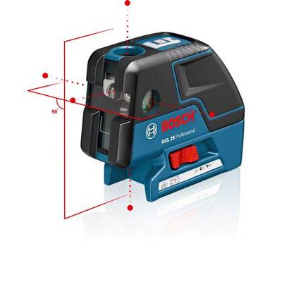 A Bosch GCL 25 Professional laser distance measurer projects vertical and horizontal red lines, suitable for precise alignment.