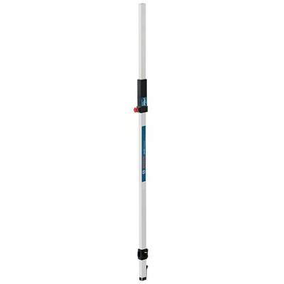 Electronic telescopic measuring rod with blue and black markings, red button and spirit level, for precise height measurements in construction.