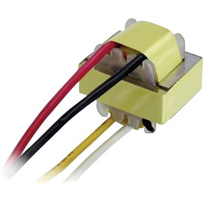 A yellow electrical transformer with red, black, yellow, and white cables protruding from its top.