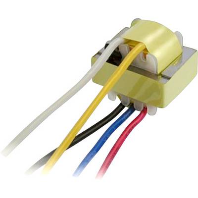 A small, yellow transformer with five colourful cables (white, yellow, black, blue, red) protruding from its casing.