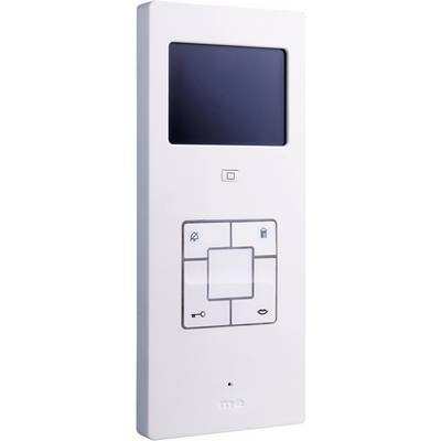 A white, rectangular thermostat with a digital display and five buttons underneath, each marked with different symbols.