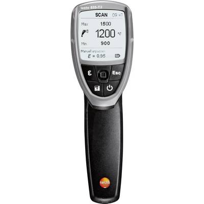 Hand infrared thermometer with digital display showing 'SCAN', temperature measurement range 900 to 1500 °C, adjusting emissivity.