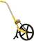 Yellow measuring wheel with a black wheel and long handle, used for precisely measuring distances.