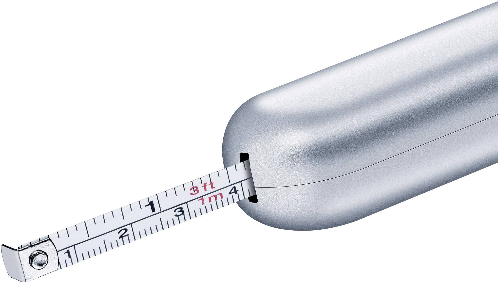 Silver, tubular measuring tape with an extended tape that displays metric and imperial units.