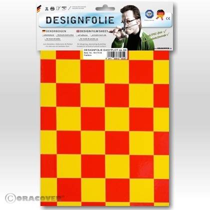 'DESIGNFOLIE' Decorative film in a red and yellow chequered pattern. Packaging displays brand and product features, CE certification clearly visible.