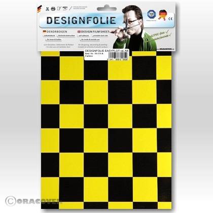 Yellow and black chequered pattern on a design film. Packaging shows a stylised portrait of an unidentifiable person.