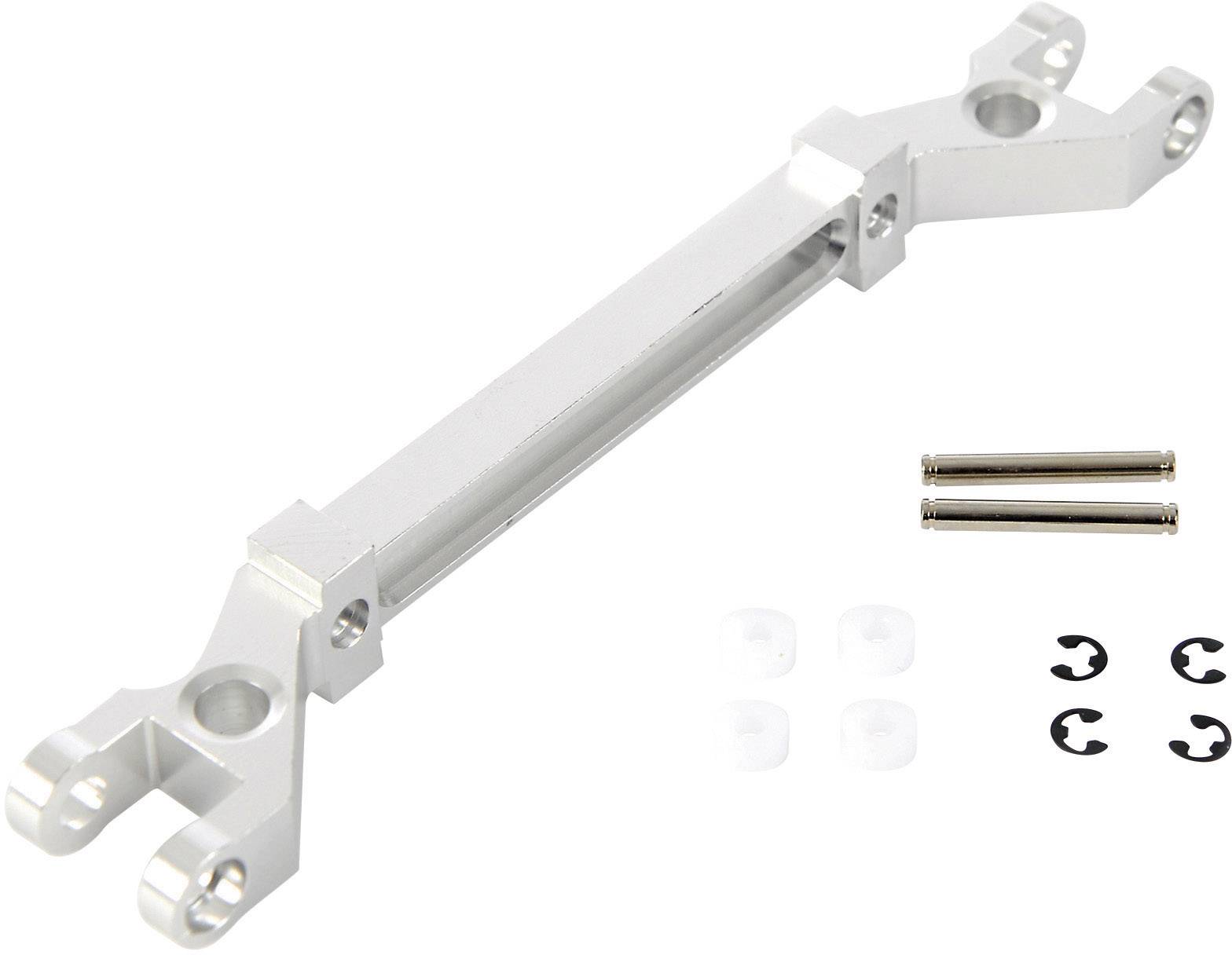 Aluminium control arm with mounting hardware, including two pins, four plastic components, and dowel pins.