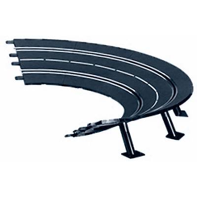 A curved section of a toy racing track with an elevated bend, supported by multiple stands, can be seen.
