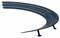 A curved slot car track section with four parallel lanes, mounted on two supports, made of black plastic.