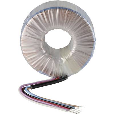Round ring-core transformer with plastic coating and multiple coloured cables, suitable for electronic devices.
