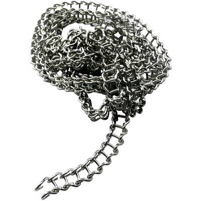 A coiled metal chain made of gleaming steel, lying loosely on a white background.