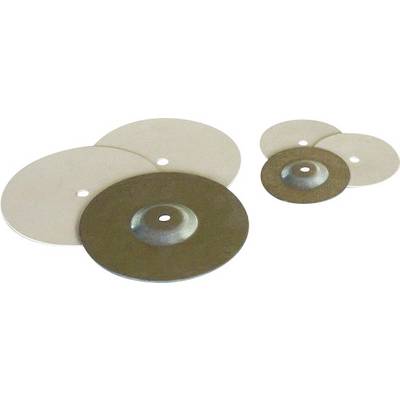Various grinding discs in two sizes, four in beige and two in grey, on a light background.