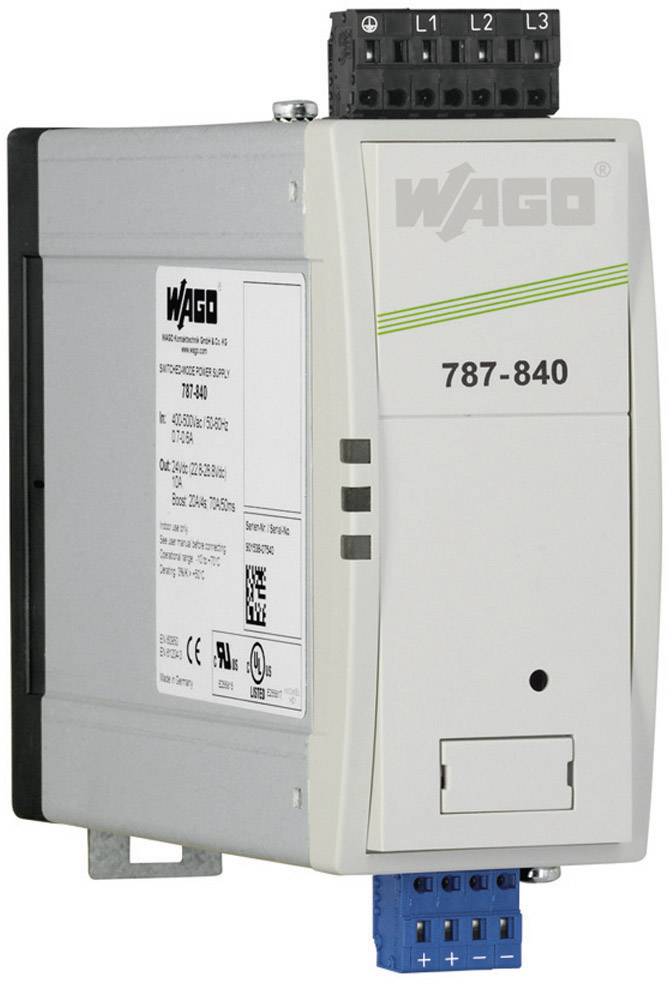 A WAGO electronic device, model 787-840, for power supply with multiple connections and technical information on the page.