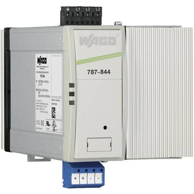 A WAGO switched-mode power supply, model number 787-844, in a grey enclosure. It features multiple connections and a ribbed design.