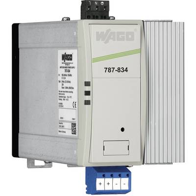 Power supply unit with the label 'WAGO 787-834'. Grey enclosure with connections and markings on the left side.