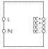 A circuit diagram shows connection points for L (live) and N (neutral) on the left and three DC outputs on the right.