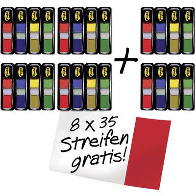 Eight packets of coloured adhesive strips, 35 per pack, with note '8 x 35 strips free!' and a red colour sample card.