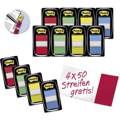 Post-it Index Tab Set in Red, Green, Blue and Yellow, 50 sheets each. Accompanying note: '4 x 50 sheets free!' in red box.