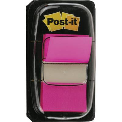 A black plastic dispenser with pink 'Post-it' sticky notes, framed by silver-coloured metal. A Post-it logo positioned above.