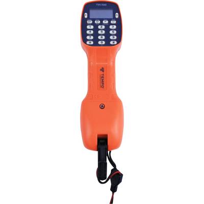 Orange test telephone set with black handset, keypad and connection cable, used for checking telephone lines.