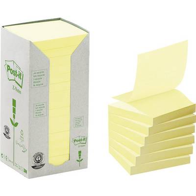 Yellow stack of sticky notes with Post-it logo. Cardboard packaging with 'Z-Notes' text and recycling information to the left.