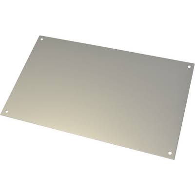 A rectangular metal plate with round holes in the corners. The surface is smooth and uniform.