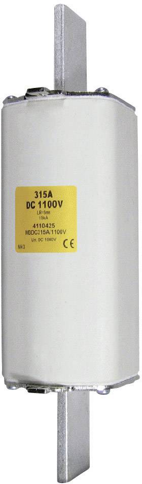 A cylindrical fuse marked with '315A DC 1100V'. It has metal contacts at both ends and a yellow information label.