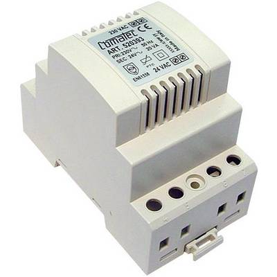 A white transformer for mounting on a DIN rail. It has multiple terminal blocks and a label with technical specifications.