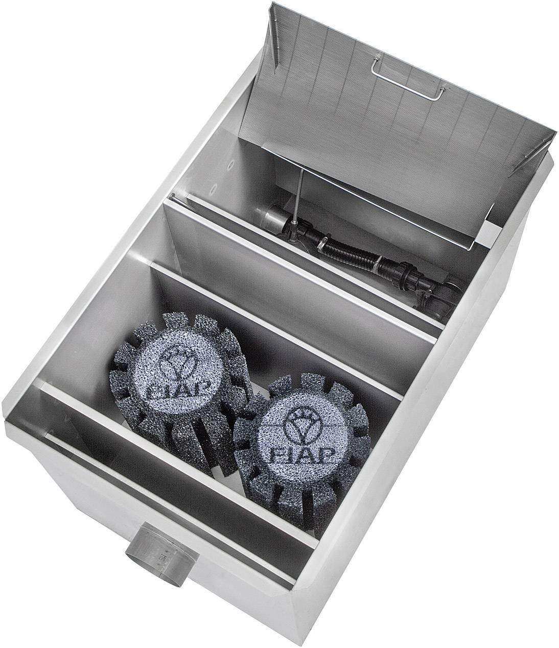 A stainless steel filter box with its lid open, revealing two black filter sponges and an internal piping system.