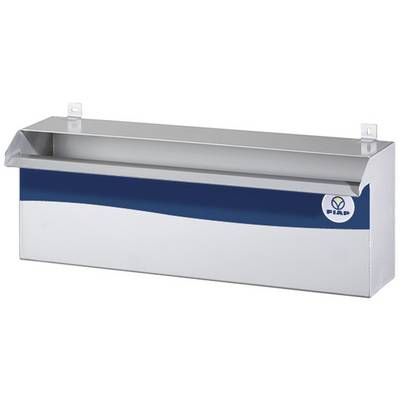 A long, rectangular metal container with a lid and a logo on the right side. The container has mounting brackets for wall attachment.