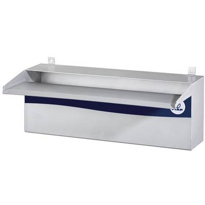 Metal wall-mounted shelving unit with two support surfaces, suitable for workshops or garages. Robust construction with blue detailing.