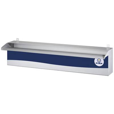 A silver-blue metal gutter with a company logo on the side. It is used to channel water and is mounted on the wall.