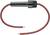 'A red, flexible electrical cable with a black, cylindrical plug at the end, insulated, against a white background.'