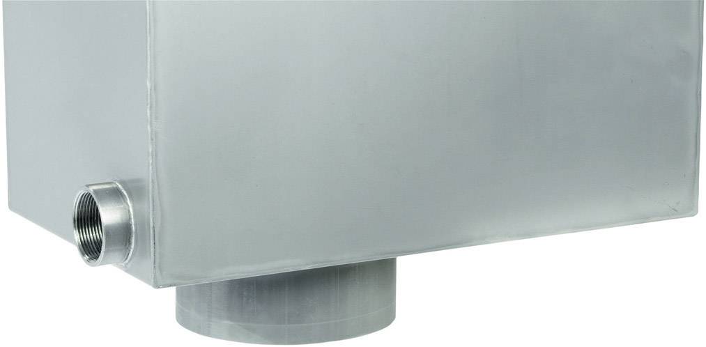 A rectangular, silver metal container with a circular opening at the bottom and a side pipe connection.