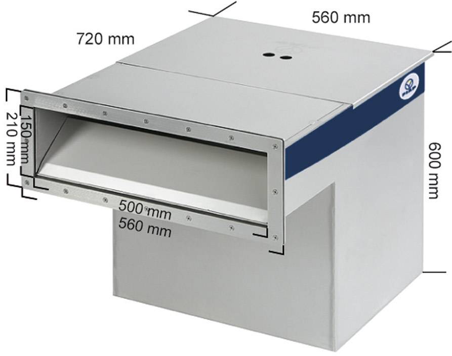 Metallic output chute with dimensions: width 720 mm, depth 560 mm, height 600 mm. Opening measures 500 mm x 150 mm.