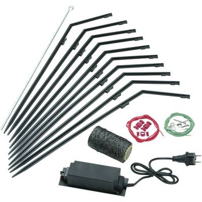 A bird protection kit with black poles, twine, hooks, red clips, green wires, and network connection device.