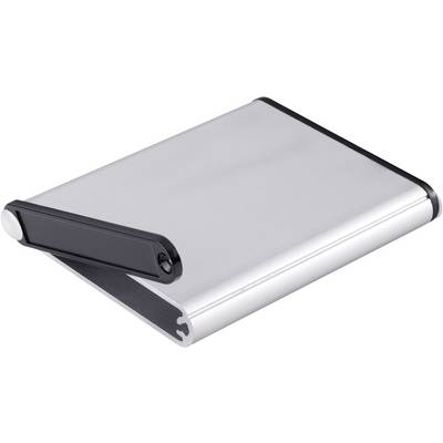 Silver, slim, rectangular stand with a black folding mechanism for laptops or tablets.