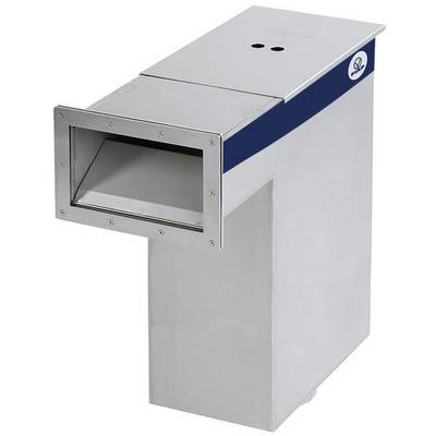 A rectangular, silver metal waterfall outlet for pools, with an opening at the top and a blue stripe.