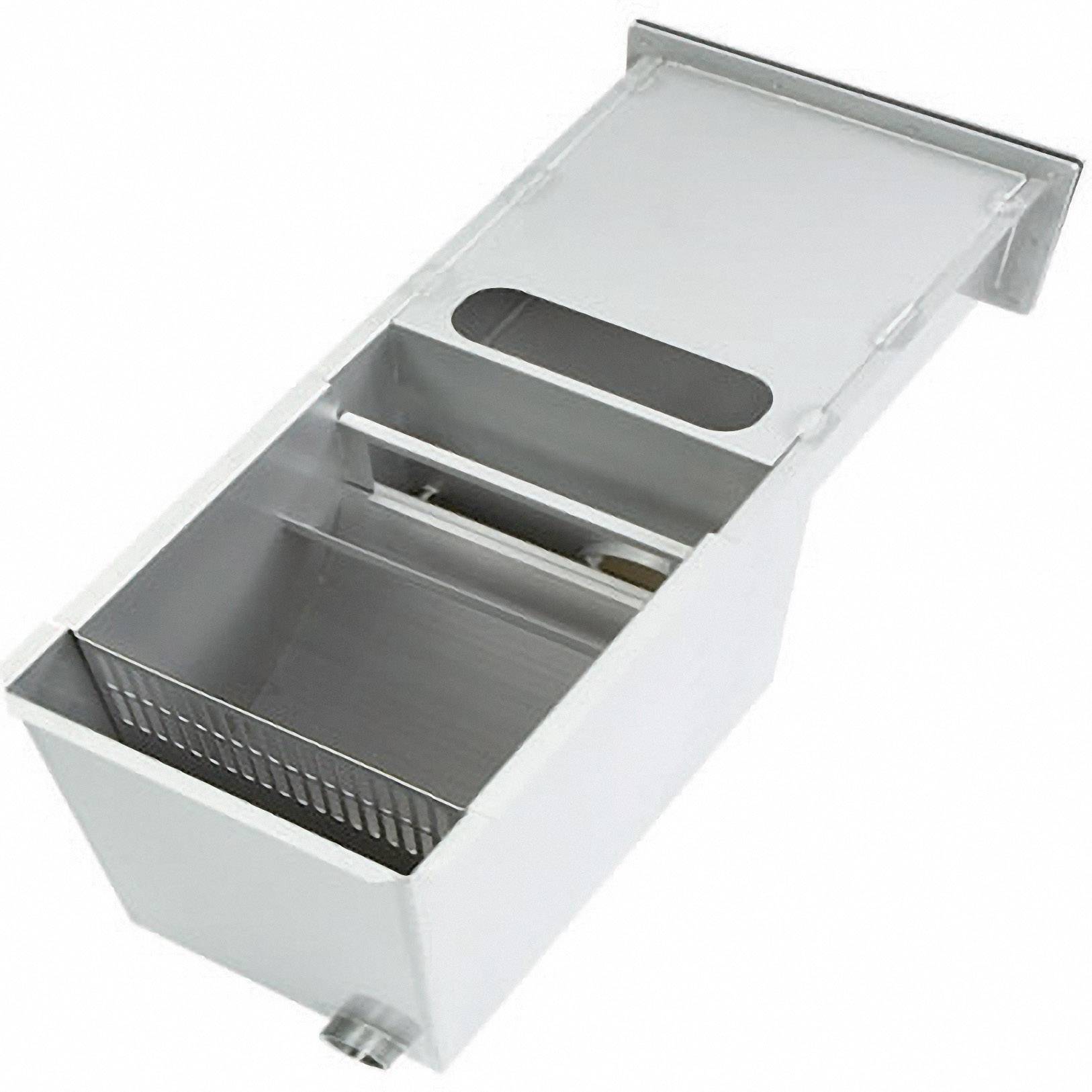 A stainless steel grease separator with a removable lid and integrated sieve. The vessel is used for removing fats from waste water.