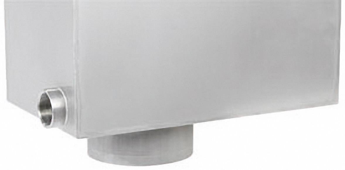 A rectangular stainless steel container with a small round connecting pipe on the side and a larger cylindrical outlet at the bottom.
