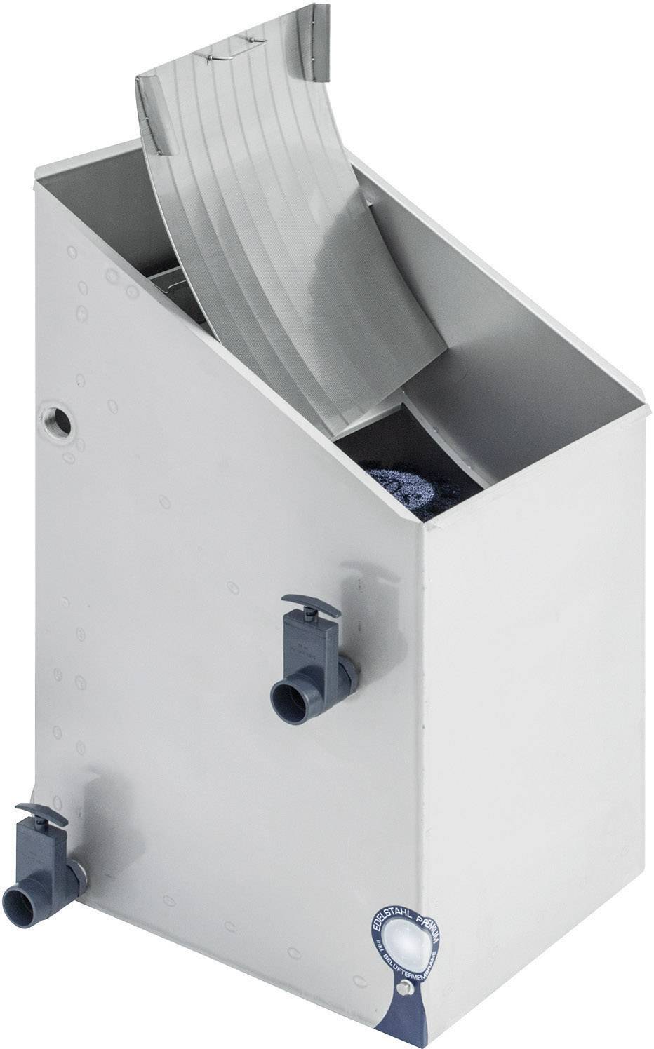 Rectangular metal container with open pipe apertures and a tilting lid. Used for industrial liquid or material processing.