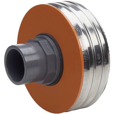 An orange plastic and metal flange adapter, typically used for connecting pipes in industrial settings.