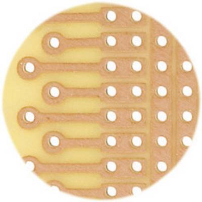 A round, orange printed circuit board with several evenly arranged white holes and copper tracks on a yellow background.