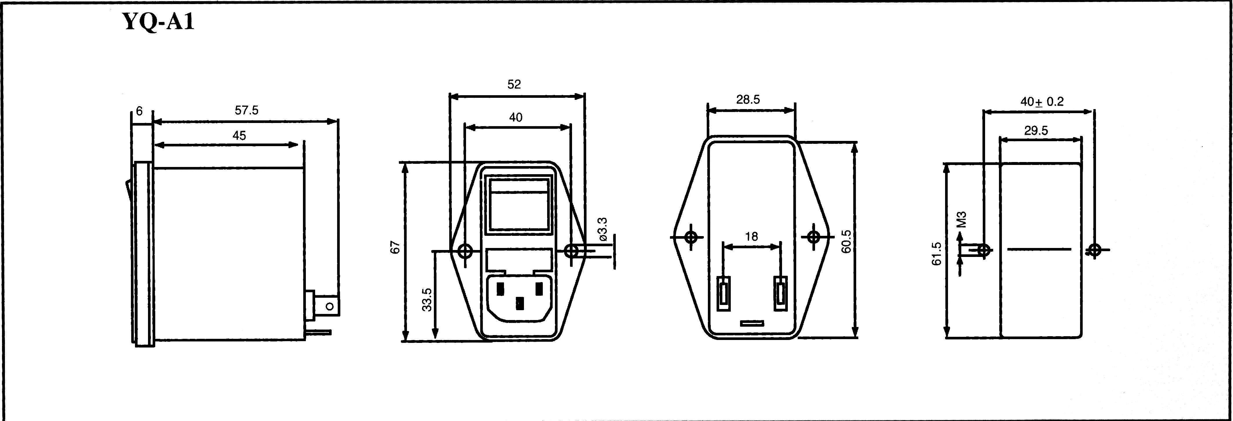 Technical drawing of a plug-in power supply unit, Model 'YQ-A1', with precise dimensions and front, side, and bottom views.