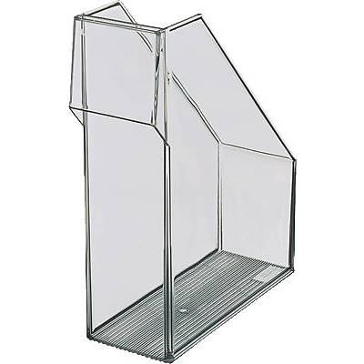 Transparent plastic magazine holder, suitable for storing documents, magazines, or brochures.