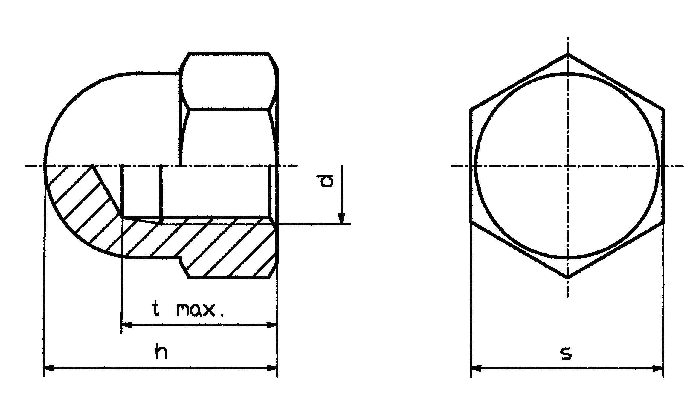 Technical drawing of a hexagonal nut fitting with a cross-section view on the left and a top view on the right. Dimensions are 't max', 'h', 's'.
