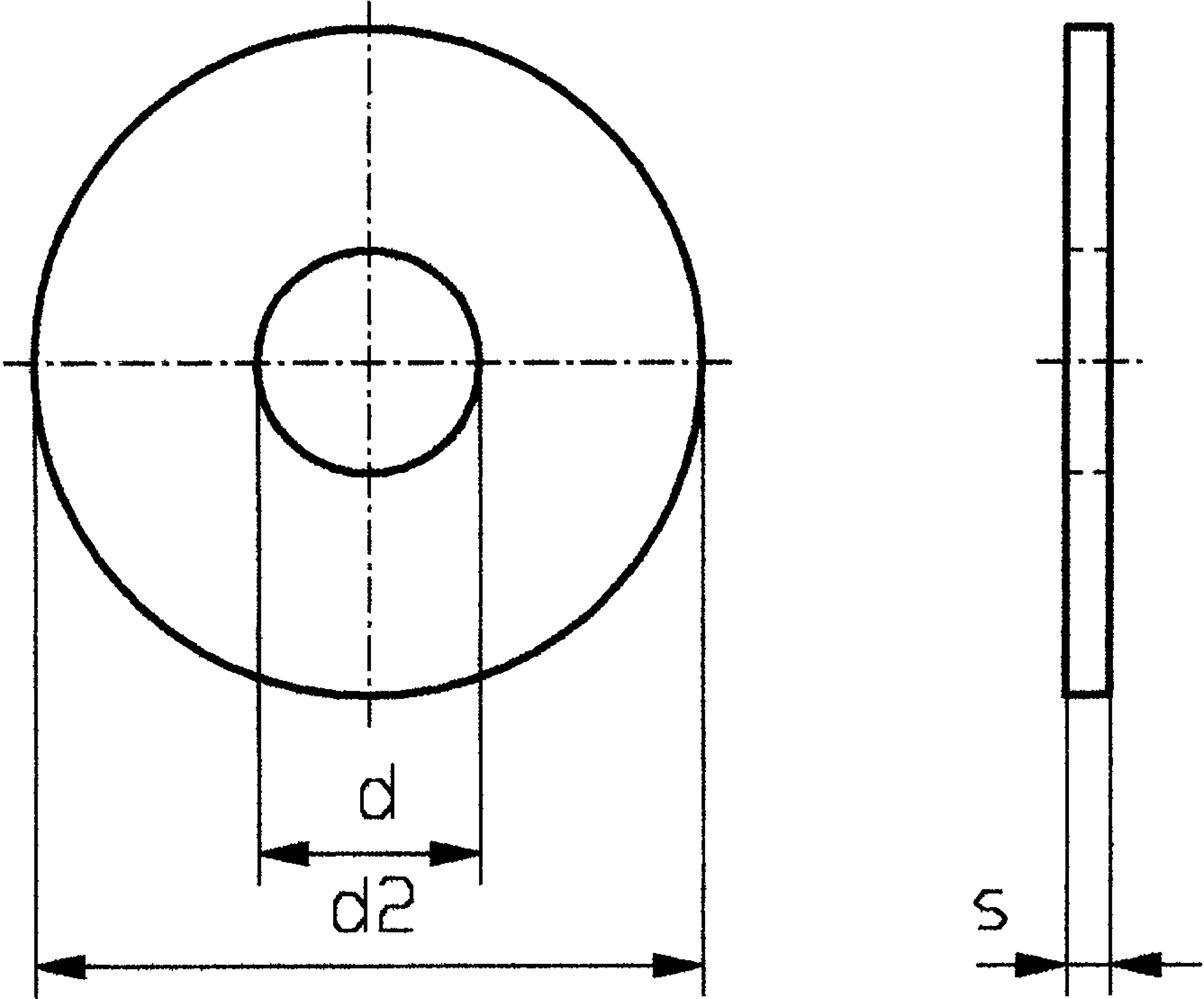 Technical drawing of a disc with internal and external diameters (d, d2) and thickness (s) in front and side view.