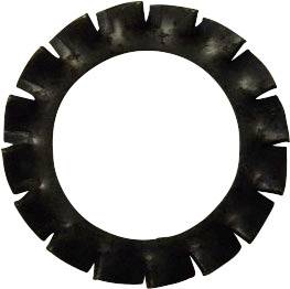 'Circular black disc with radial cutouts, similar to a toothed washer or spring contact.'