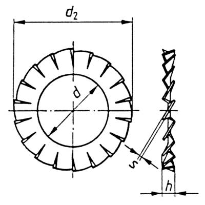 Technical drawing of a gear with dimensions: diameter (d), (d₂), height (h) and tooth spacing (s). Side and front view.